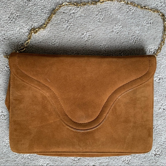VINTAGE FRENCHY OF CALIFORNIA BROWN SUEDE ENVELOPE  PURSE WITH GOLD CHAIN - Picture 2 of 7